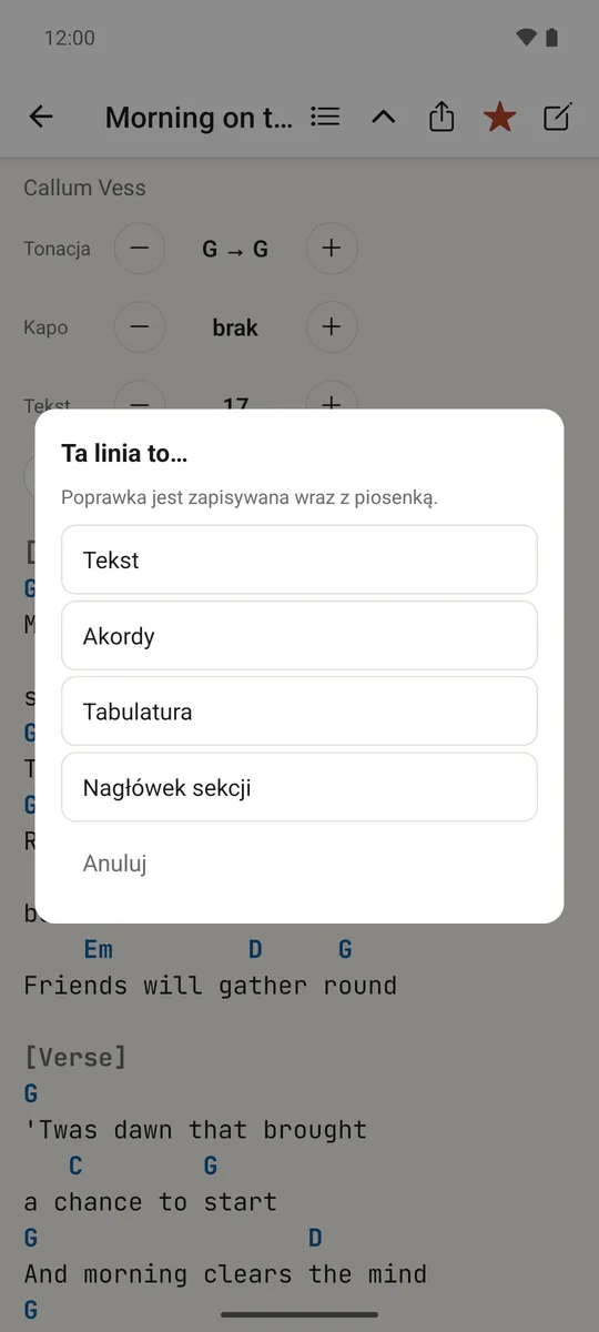 Menu po przytrzymaniu, pozwalające poprawić, czy linia to tekst, akordy, tabulatura czy nagłówek