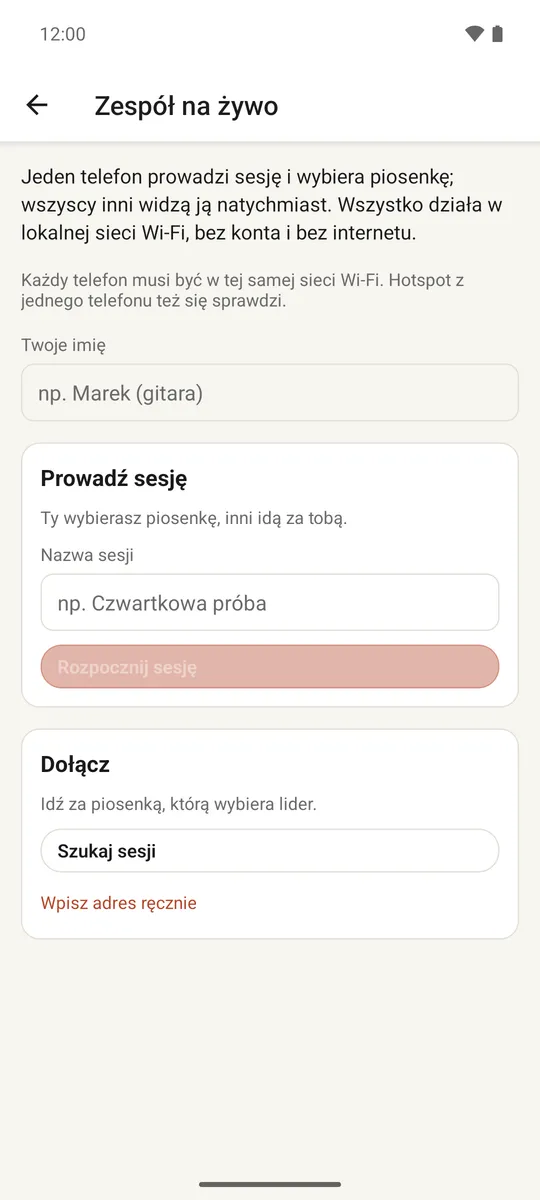 Ekran sesji na żywo z liderem i podłączonymi członkami zespołu