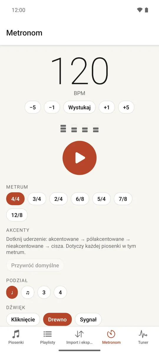 Ekran pełnego metronomu z elementami sterującymi tempem, metrum, podziałem i akcentami