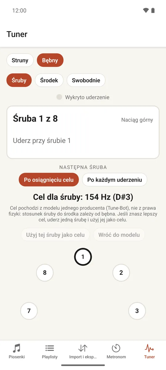 Tuner bębnów pokazujący śruby ułożone w koło z ich statusem strojenia