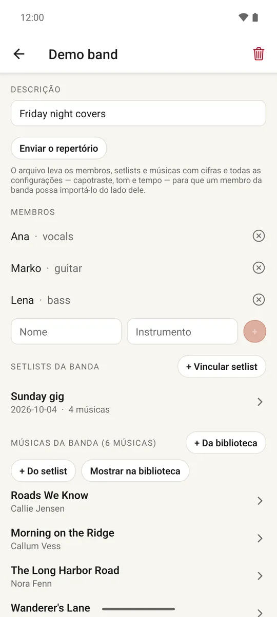 Uma tela de banda com membros, instrumentos e uma lista de músicas da banda