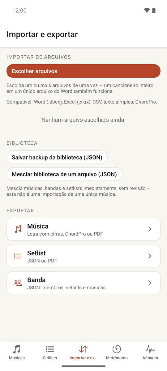 A aba Importar e exportar com opções de backup da biblioteca e exportação