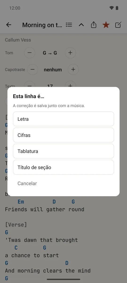 O menu de toque e segurar para corrigir se uma linha é letra, acordes, tablatura ou um título