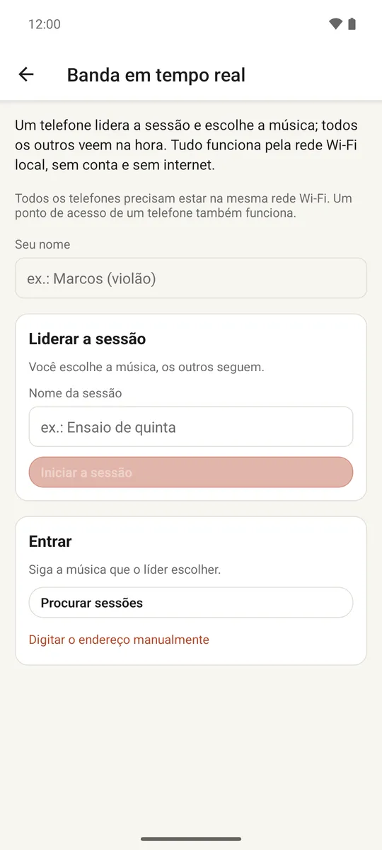 A tela de sessão ao vivo mostrando um líder e membros da banda conectados