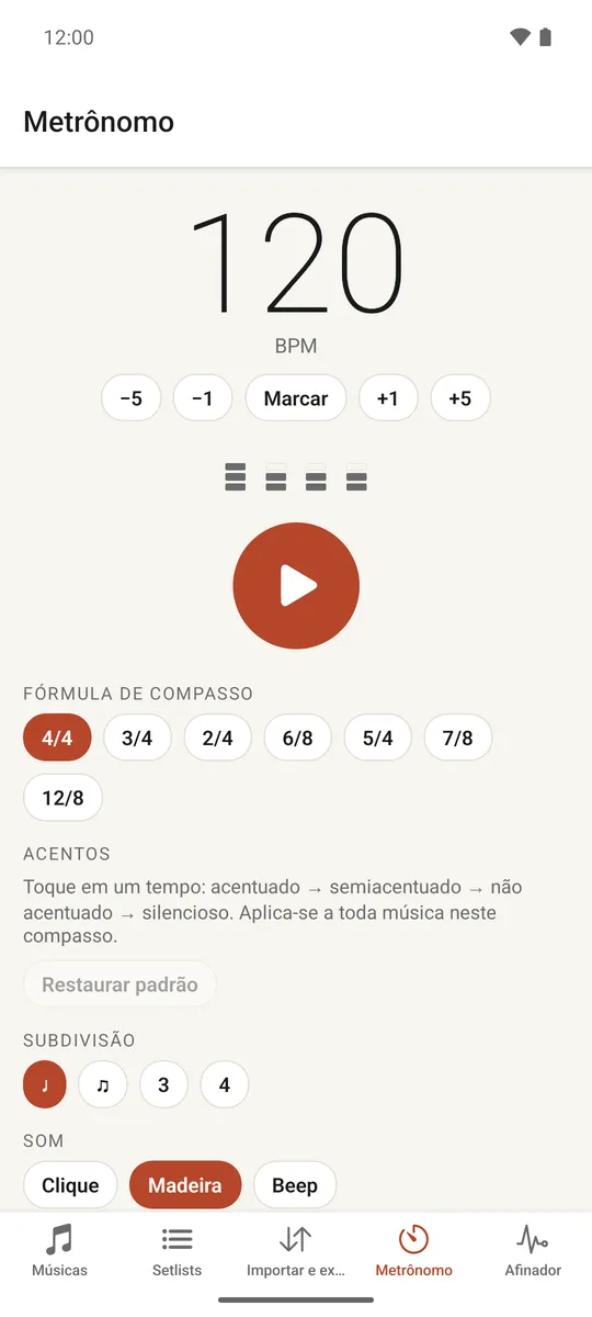 A tela do metrônomo completo com controles de andamento, fórmula de compasso, subdivisão e acentos