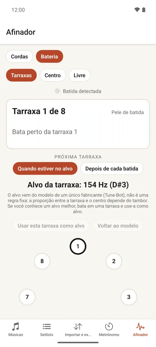 O afinador de bateria mostrando as tarraxas dispostas em círculo com seu status de afinação
