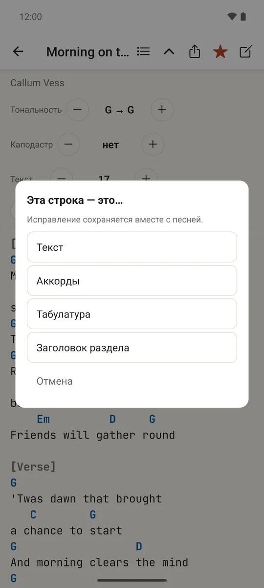 Меню по долгому нажатию для исправления того, чем является строка — текстом, аккордами, табулатурой или заголовком