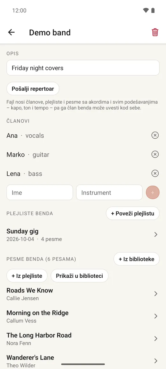 Ekran benda sa članovima, instrumentima i spiskom pesama benda
