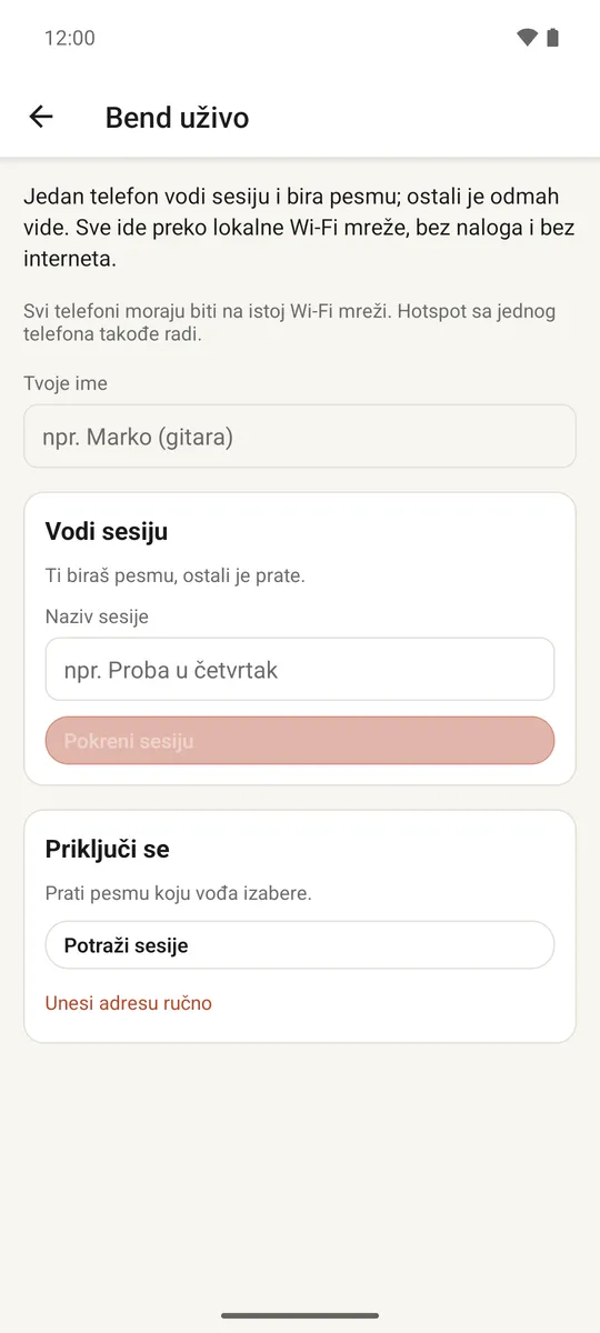 Ekran sesije uživo prikazuje vođu i povezane članove benda