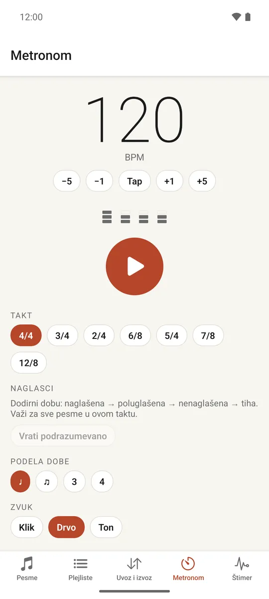 Ekran punog metronoma sa kontrolama za tempo, takt, podelu dobe i naglaske