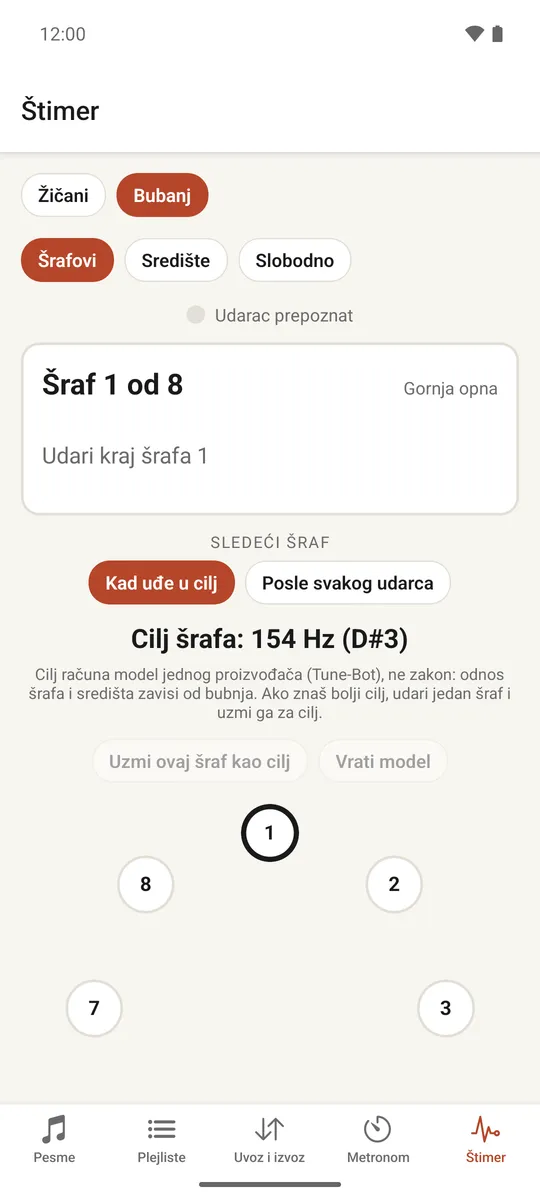 Štimer za bubnjeve prikazuje šrafove raspoređene u krug sa njihovim statusom štimovanja