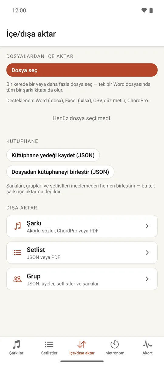 Kütüphane yedeği ve dışa aktarma seçenekleri bulunan İçe/dışa aktar sekmesi