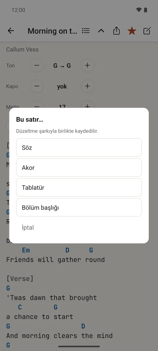 Bir satırın söz, akor, tablatür mü yoksa başlık mı olduğunu düzeltmek için basılı tutma menüsü