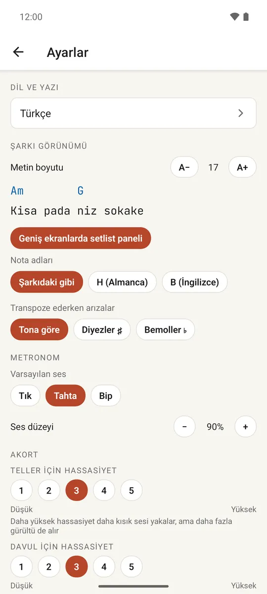 Dil, görünüm, metronom ve kütüphane bölümleri bulunan ayarlar ekranı