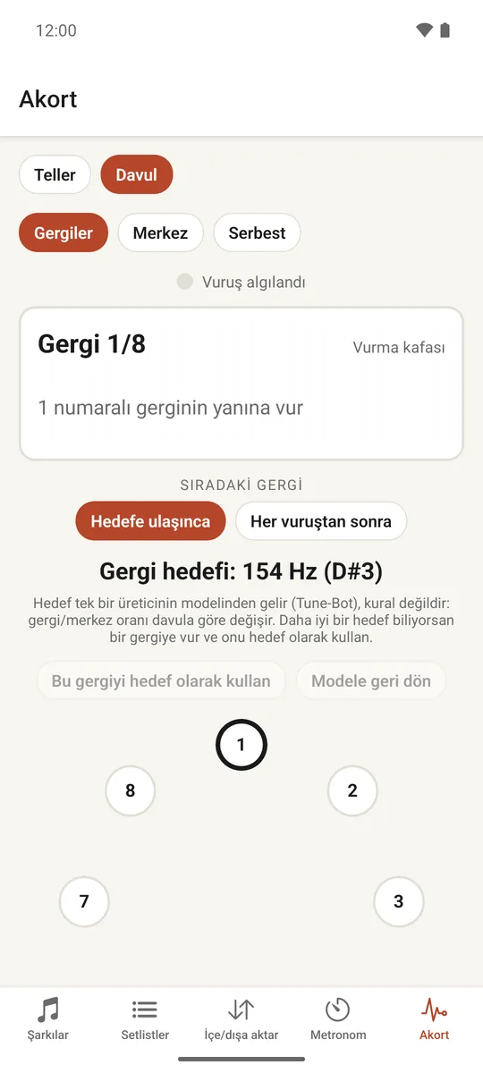 Gergileri bir çember içinde ve akort durumlarıyla gösteren davul akort cihazı