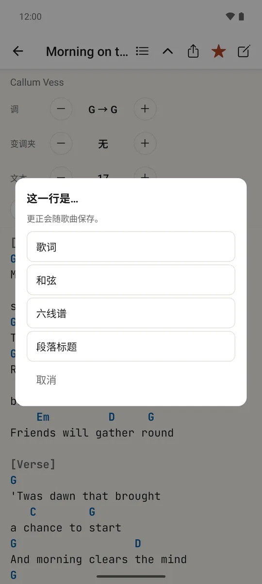 长按菜单，用于更正一行是歌词、和弦、六线谱还是标题